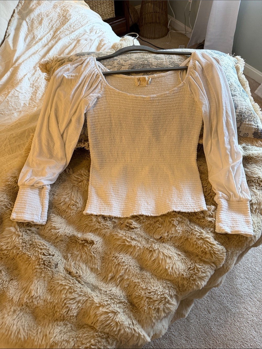 Nation LTD Cream Smocked Square-Neck Puff Sleeve Top